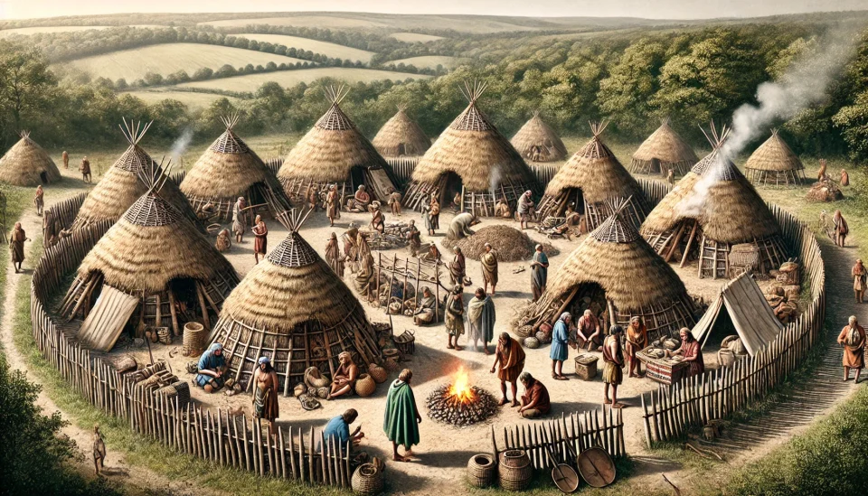 An Iron Age oppidum in the United Kingdom, featuring thatched huts arranged in a circular pattern within a fortified settlement.