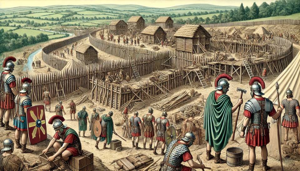 A-detailed-illustration-depicting-Roman-legionnaires-constructing-a-fort-and-town-wall-at-Lendinnis-in-Somerset-England.-The-scene-shows-Roman-soldiers