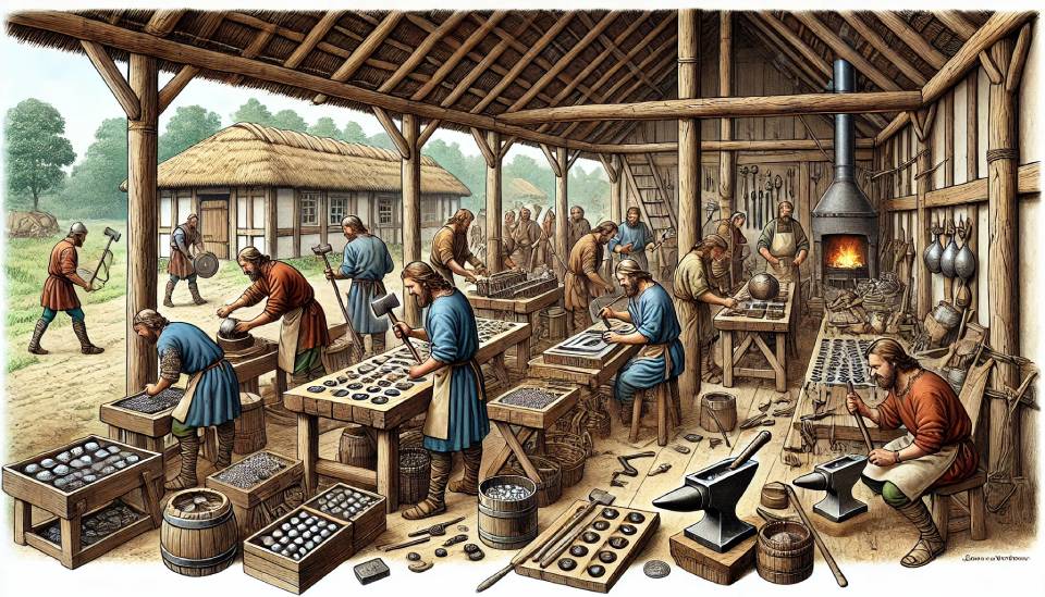 The scenes show craftsmen in traditional Saxon attire diligently engaged in the coin minting process within a simple wooden building filled with tools and equipment.