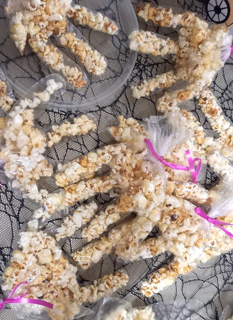 Skeletal hands - clear gloves filled with popcorn - very effective!